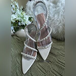 BCBGeneration White Pearl-Strap Pointed Toe Heels